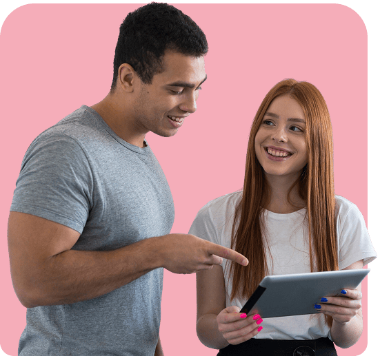 Two people discussing on a tablet.